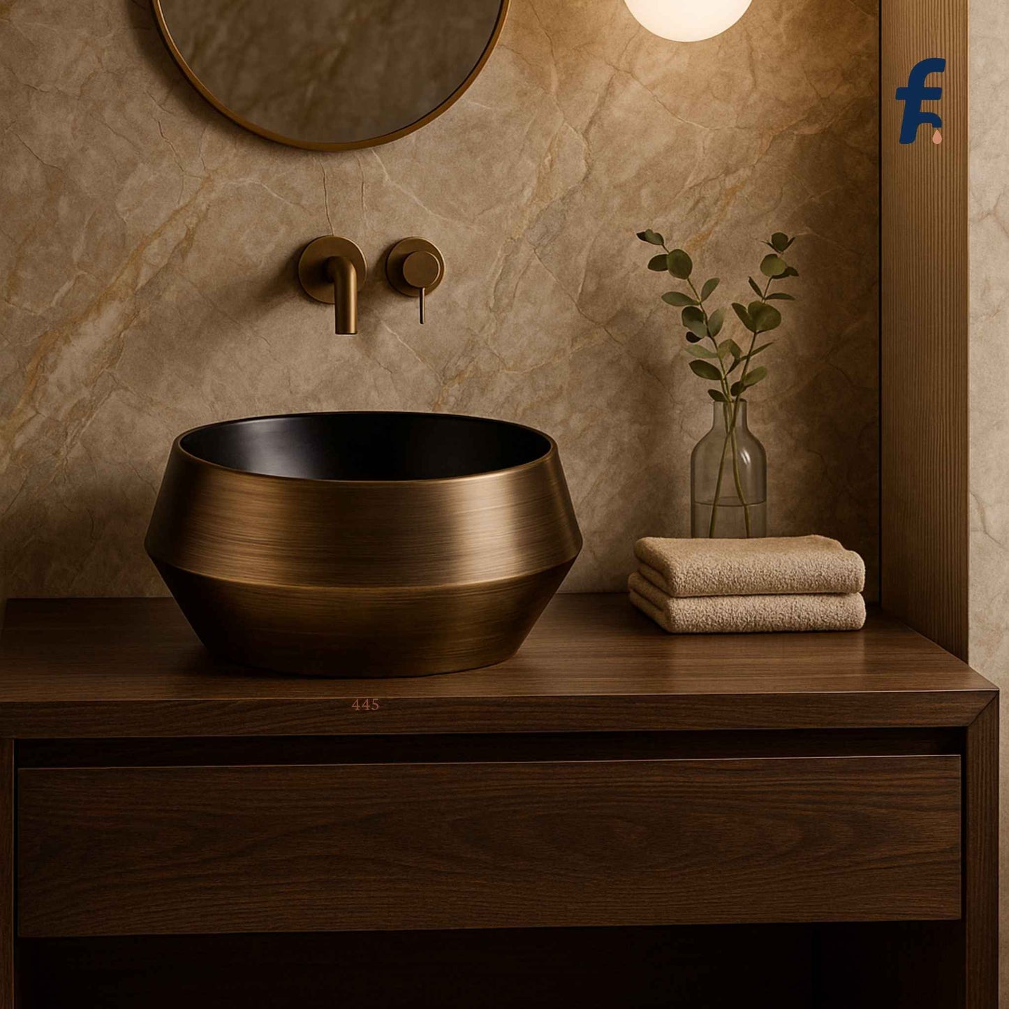 Luxurious bathroom interior with antique black tabletop basin as centerpiece