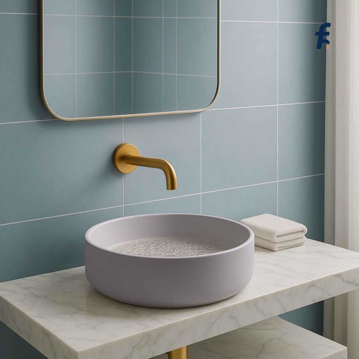 Full washroom interior featuring lavender glass wash basin on beige Italian marble vanity – modern designer bathroom