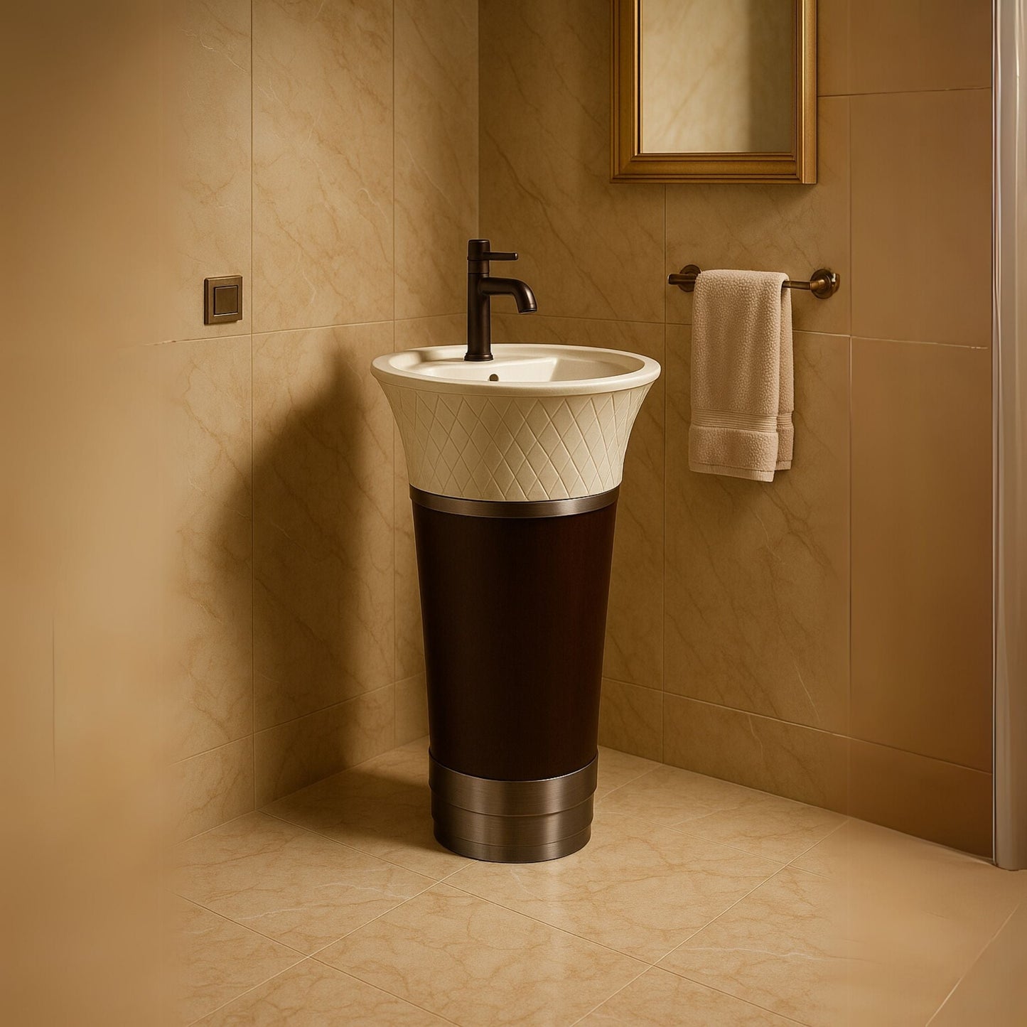 Luxury dual-tone pedestal washbasin with white diamond texture and espresso base, 860mm height in luxury bathroom