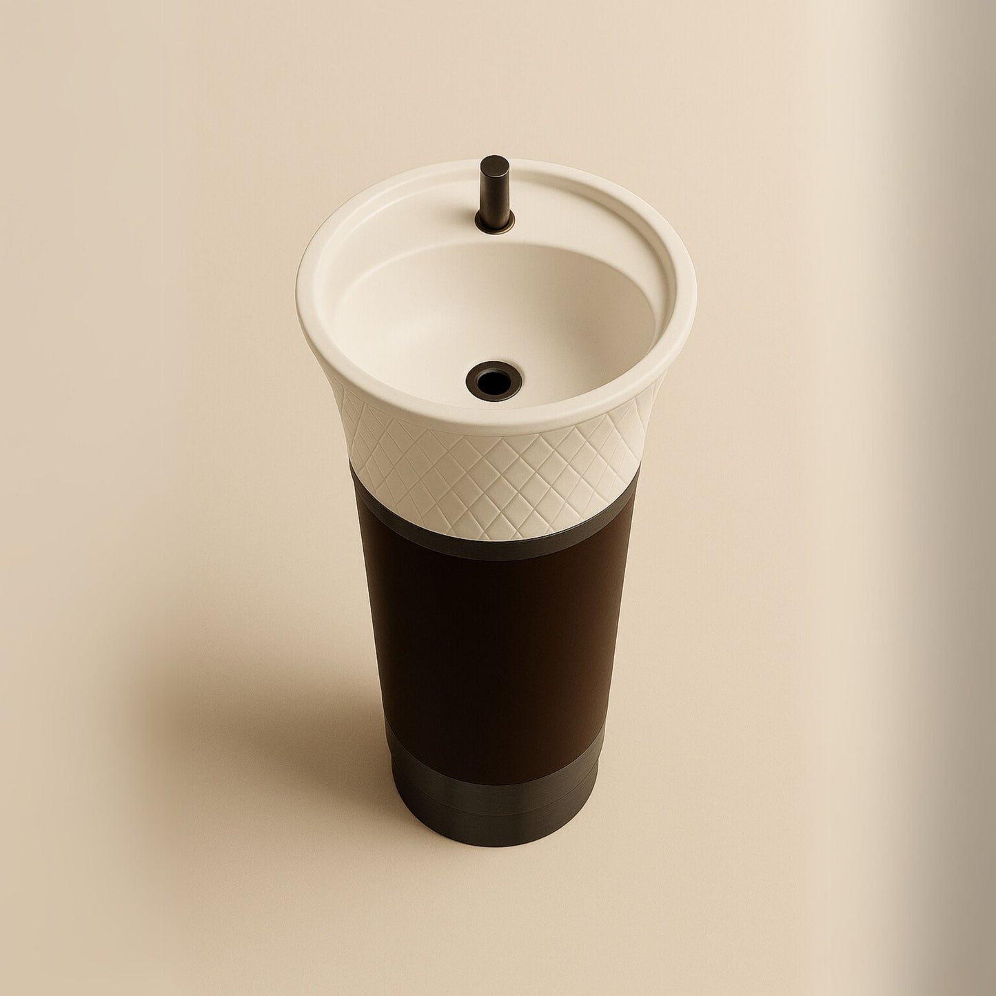 Luxury dual-tone pedestal washbasin with white diamond texture and espresso base, 860mm height top angle