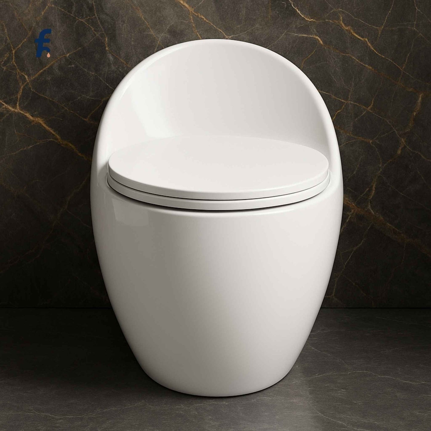 Front view of luxury white one-piece toilet with siphonic flush in Italian marble bathroom