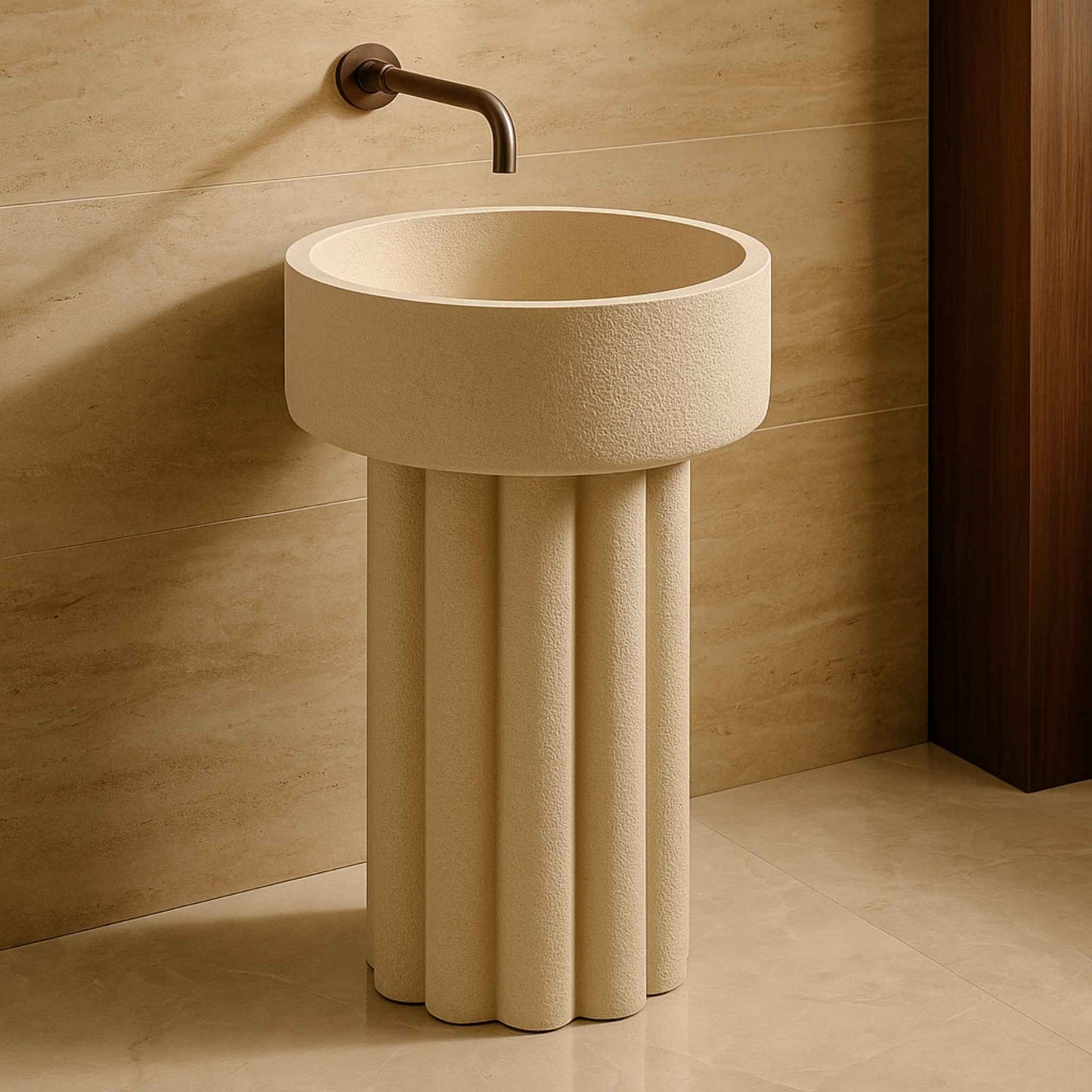 Luxury bathroom with sculpted stone pedestal basin as main centrepiece