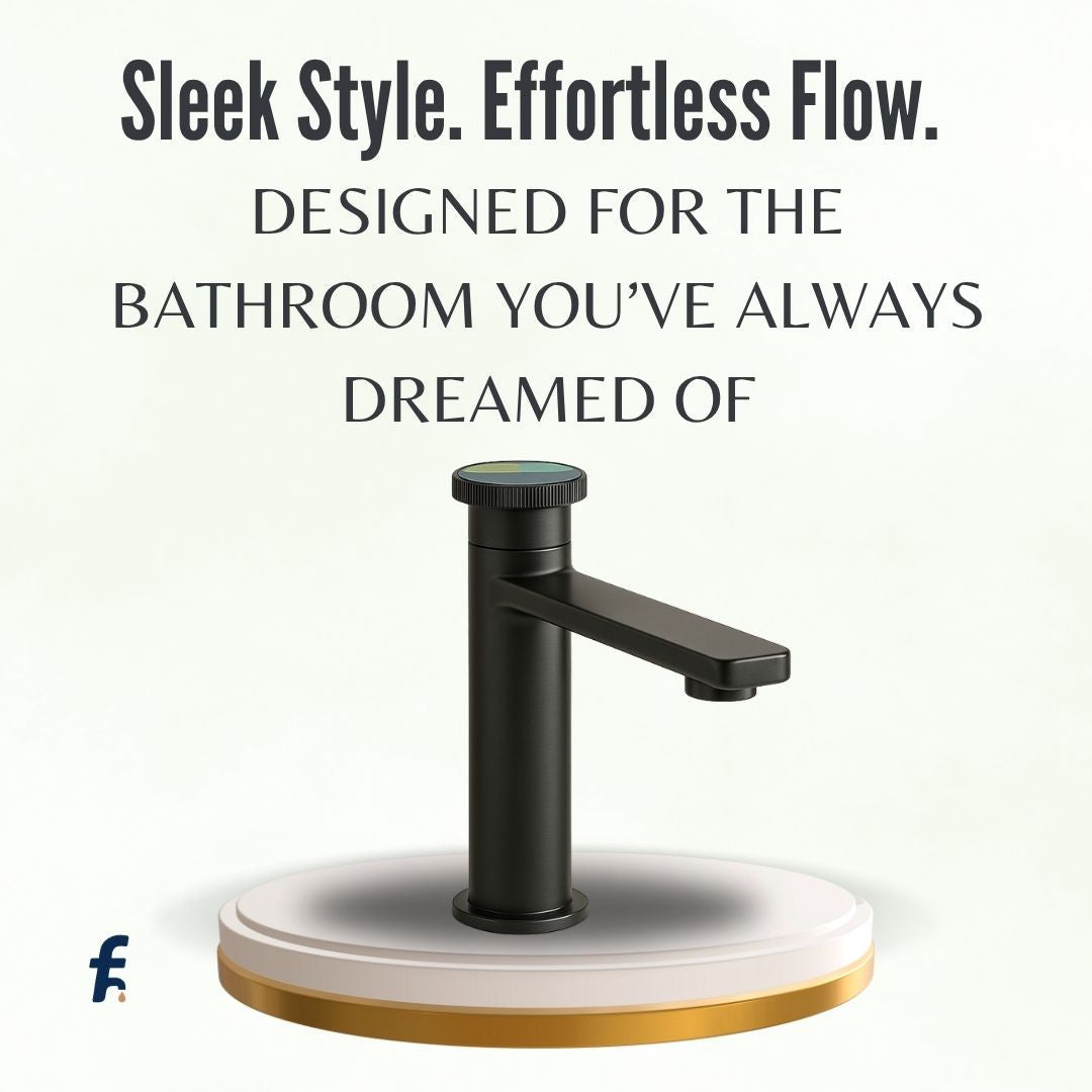 Black faucet on a white background with text about sleek style and effortless flow.,