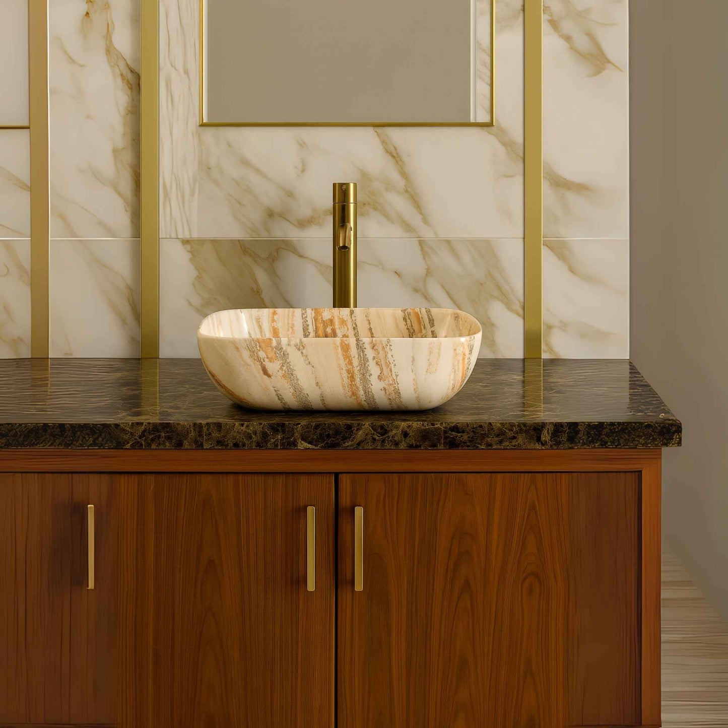 Front view of marble finish rectangular countertop wash basin placed on a luxurious bathroom vanity