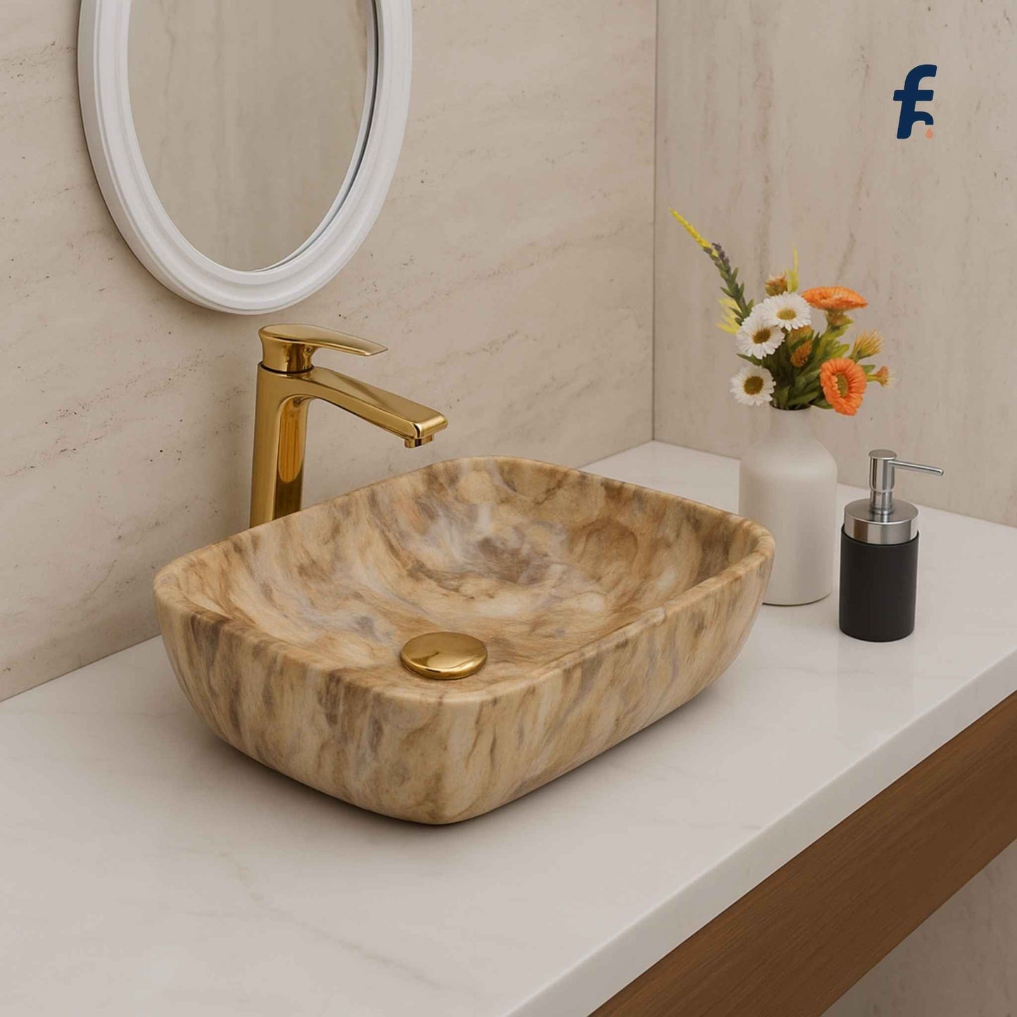 Bathroom vanity with a stone sink, gold faucet, and decorative elements., Designer ceramic basin with beige and brown marble effect