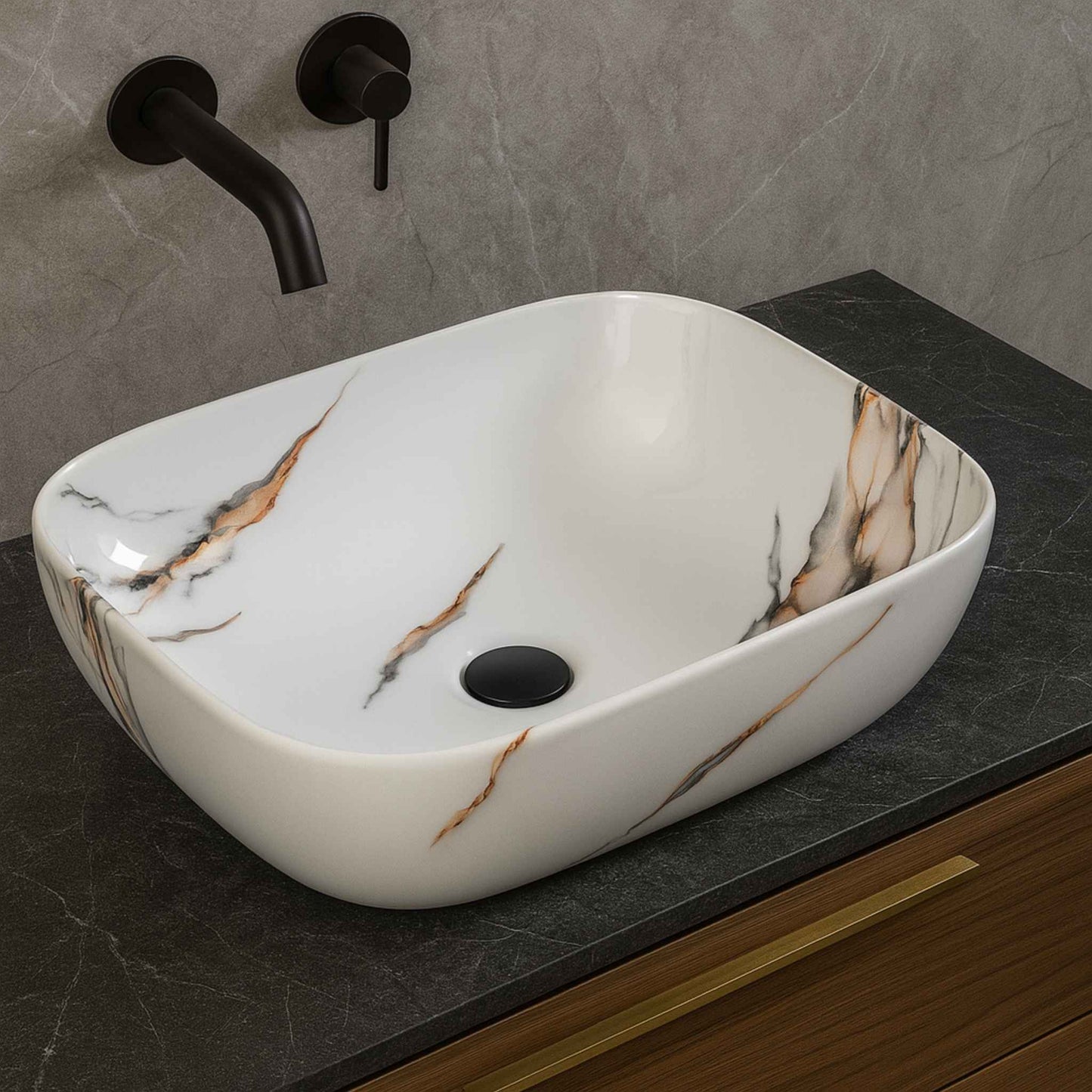 Side profile of luxury ceramic countertop wash basin with trending copper marble pattern