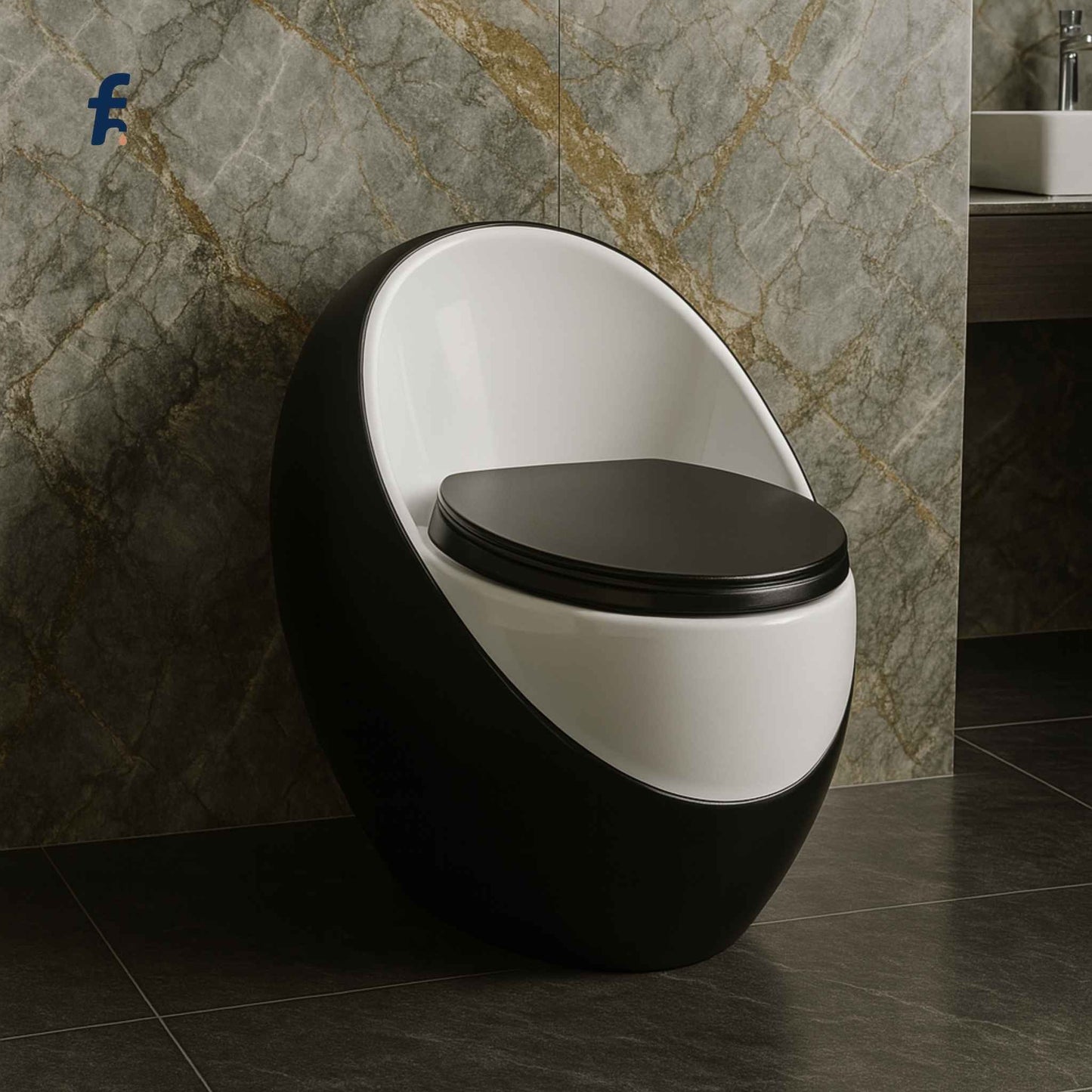 Front view of matte black and white one-piece toilet with siphonic flush