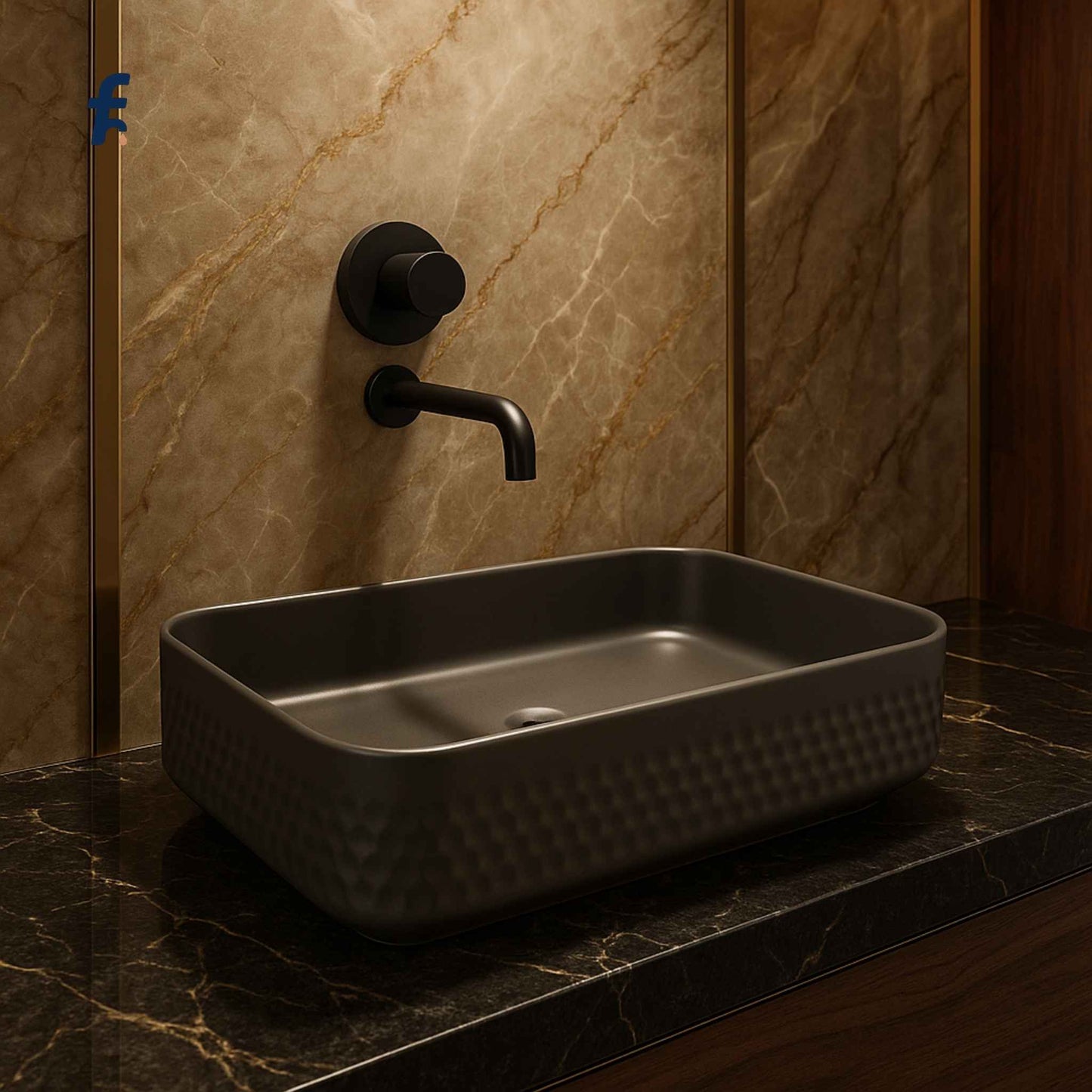 Front angle view of matte grey ceramic wash basin with wall-mounted faucet