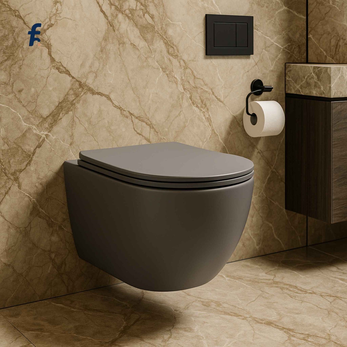 Wall-mounted gray toilet in a bathroom with marble walls and floor.