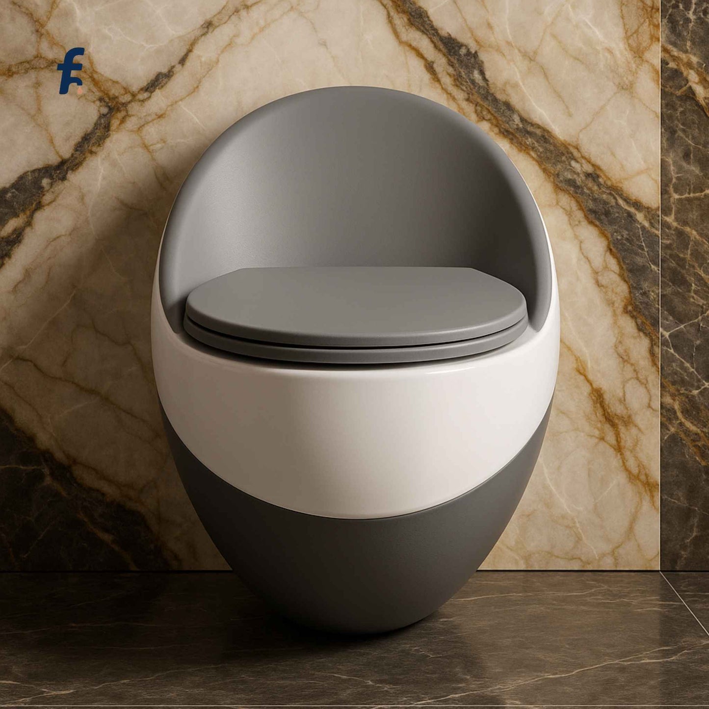 Close-up front view of matt grey white designer western commode in luxury setting