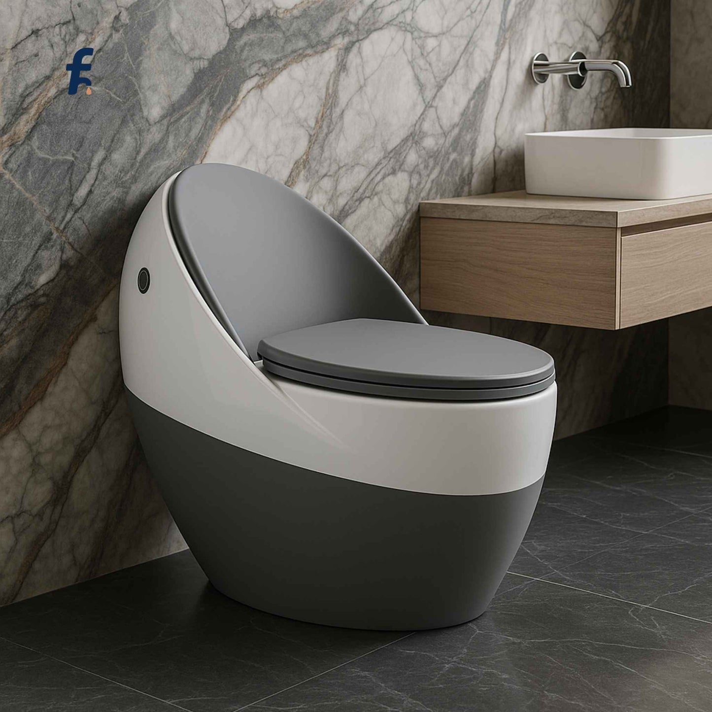 Modern toilet with a gray seat in a bathroom setting