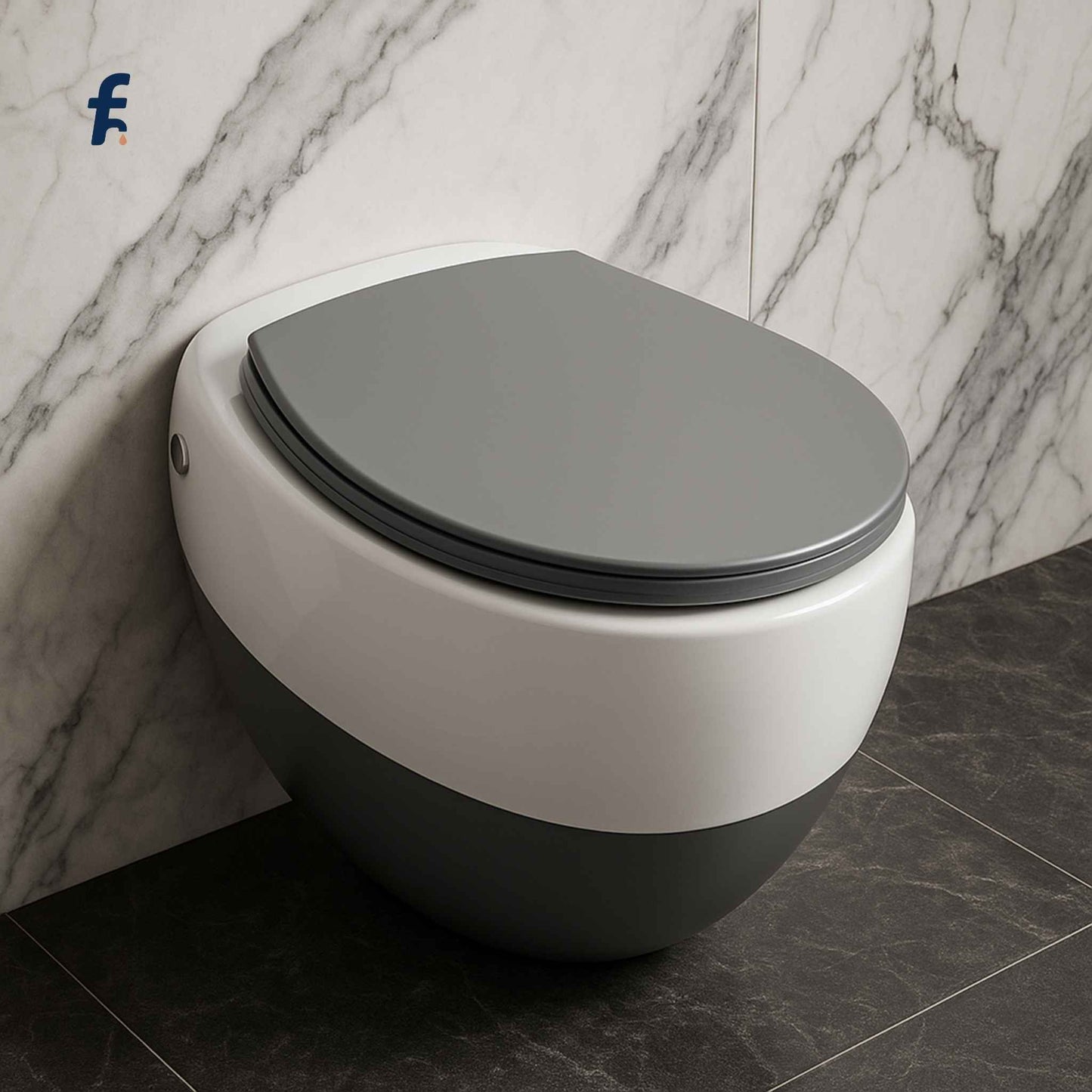 Top angle of modern one-piece toilet in matte grey and white finish