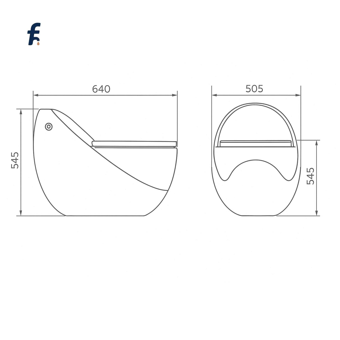 Technical sketch of integrated matt grey white one-piece toilet with dimensions in mm