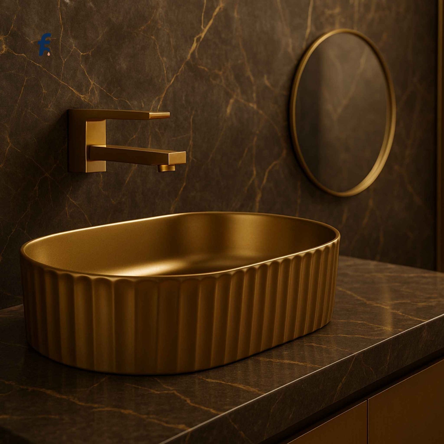 Gold sink and faucet in a bathroom setting with marble walls and countertop.