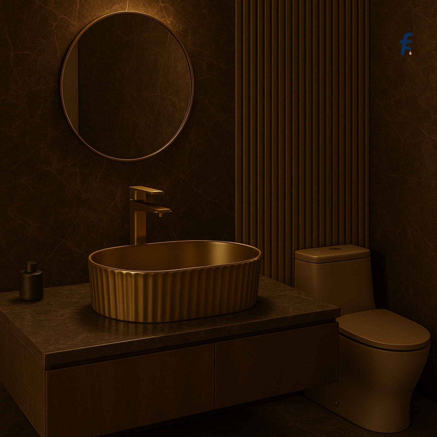 Modern bathroom with gold sink and faucet, dark walls, and a toilet.