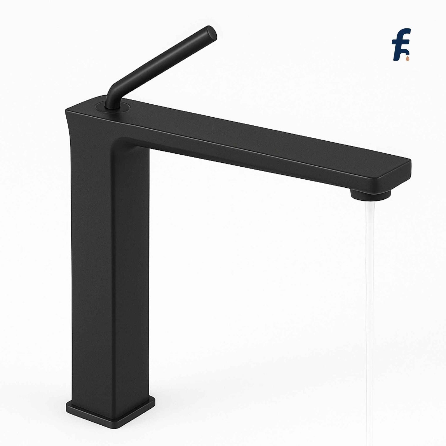 Black faucet on a white background with a Facebook logo. Designer matte black vanity faucet for premium bathroom fittings and contemporary interiors