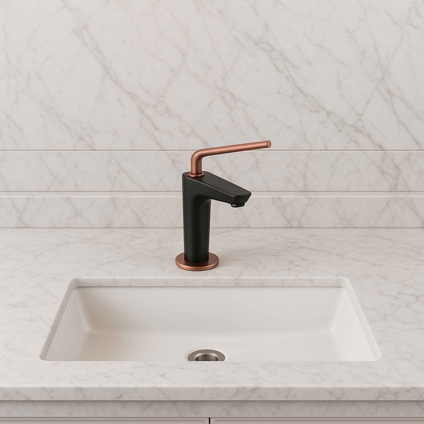 Bathroom sink with black faucet and copper accents against a marble wall. Modern matte black basin faucet with rose gold handle top angle