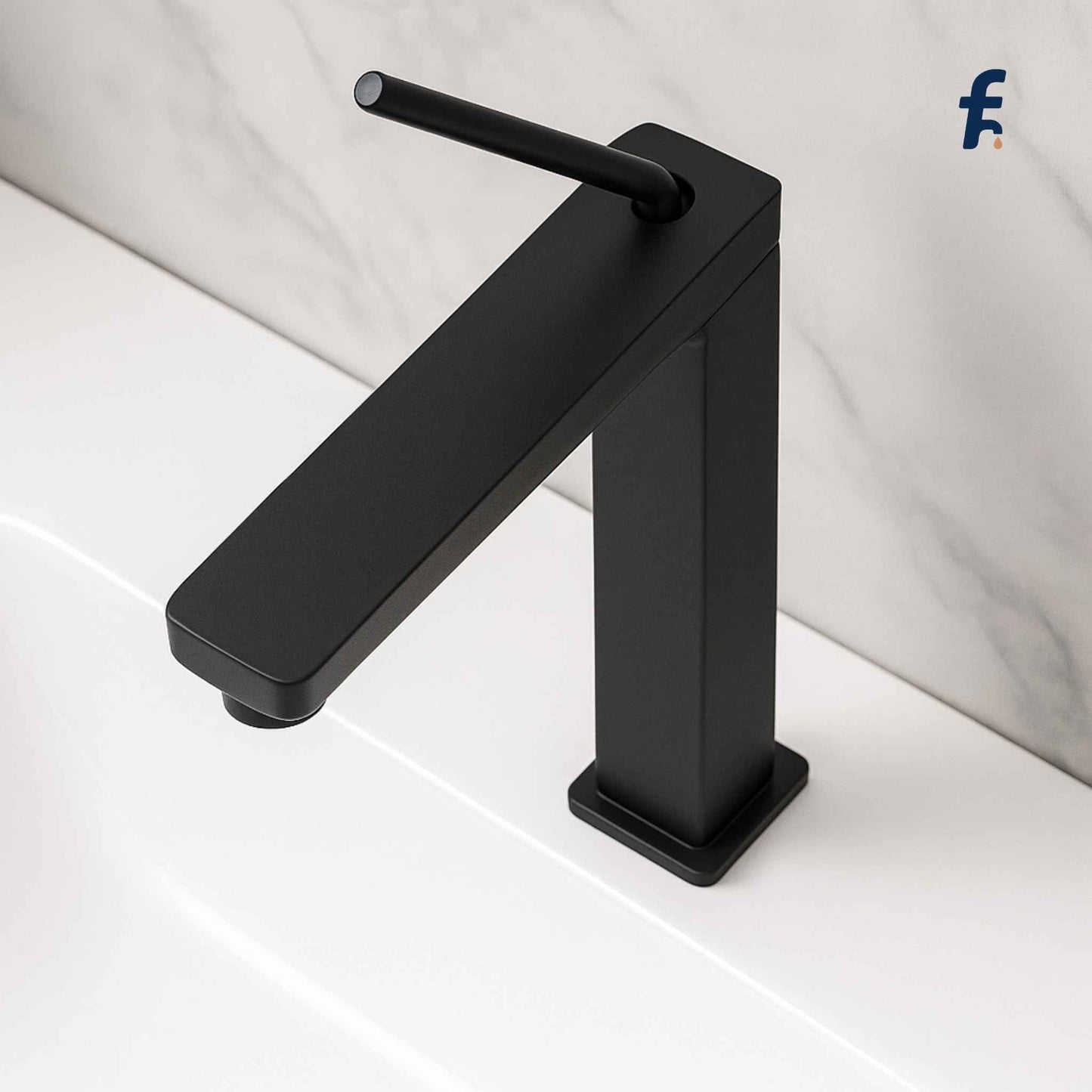 Black faucet on a white sink with a blurred background, Matte black bathroom faucet with ceramic cartridge valve for leak-proof performance