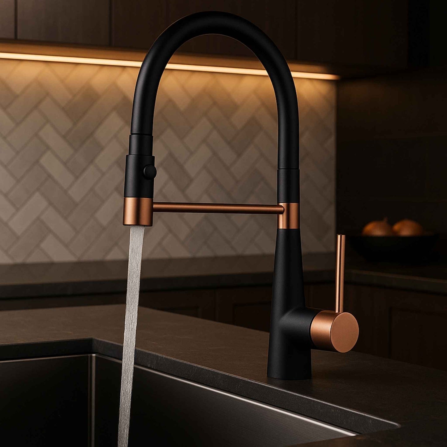 Matte black and rose gold kitchen faucet placed in a high-end modular kitchen interior