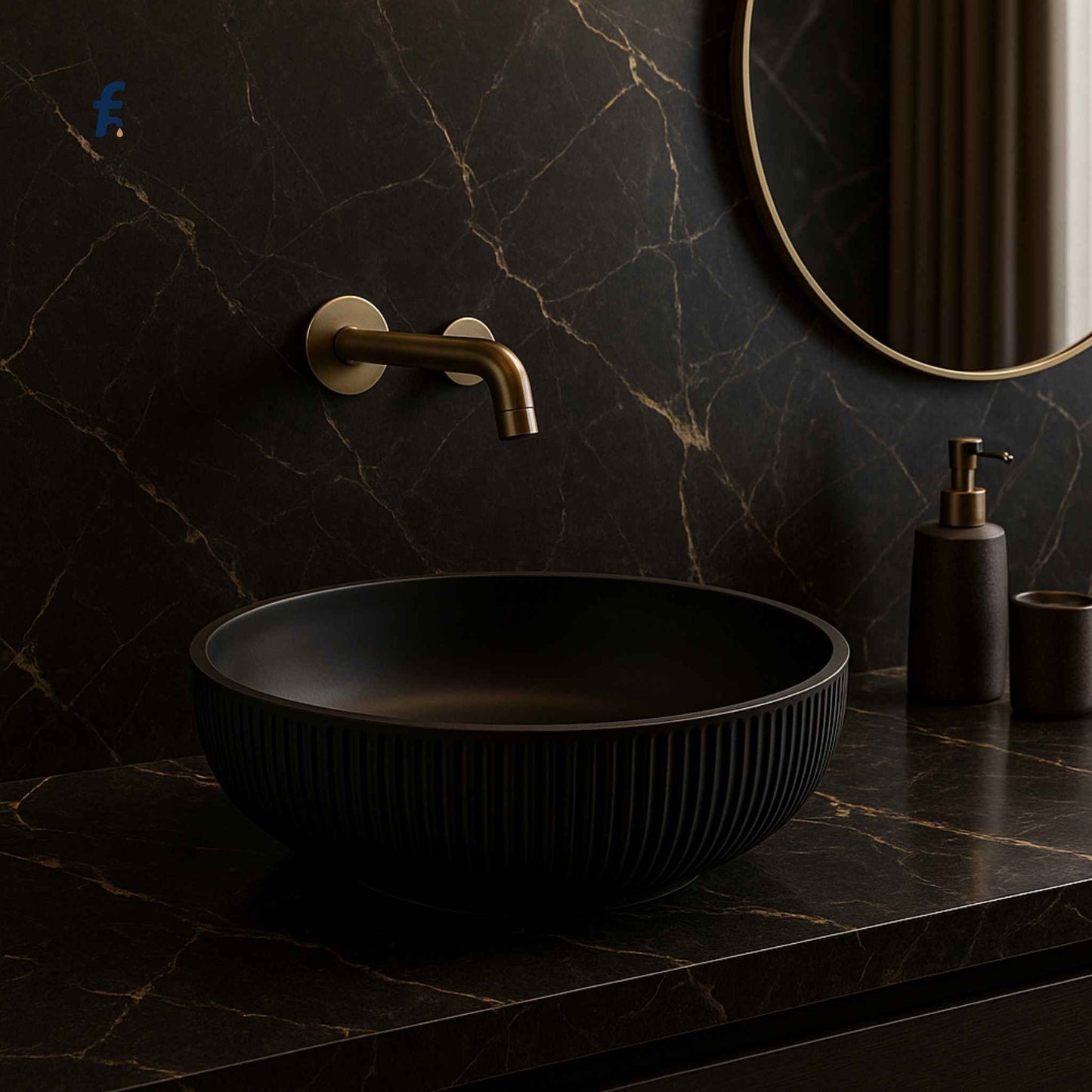 Close-up of matte black designer glass basin with vertical texture and wall-mounted faucet