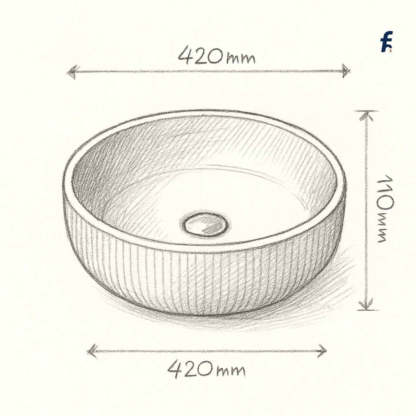 Measurement chart of a round sink with dimensions labeled