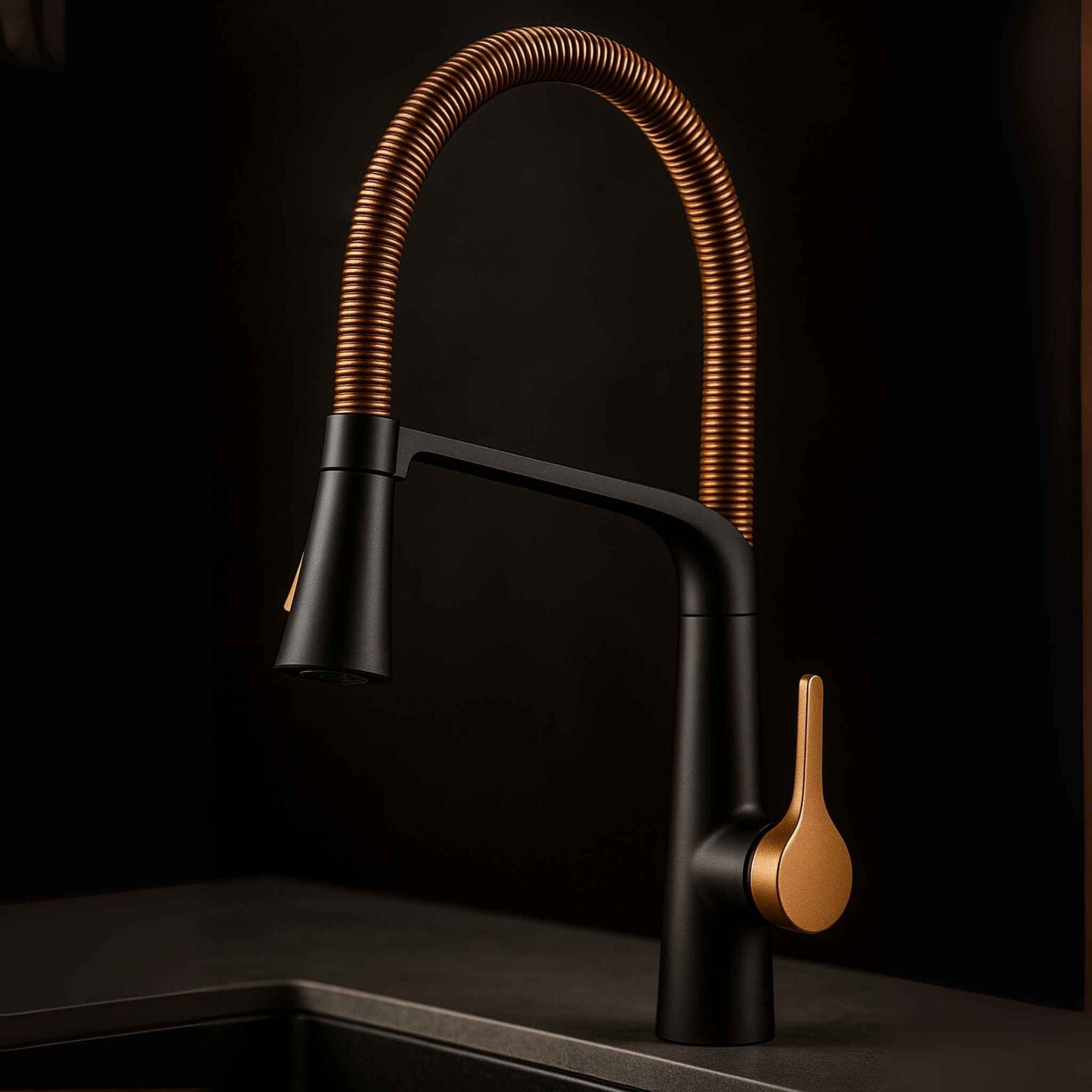 Side close-up of matte black kitchen mixer tap with rose gold spring coil and pull-down spray head
