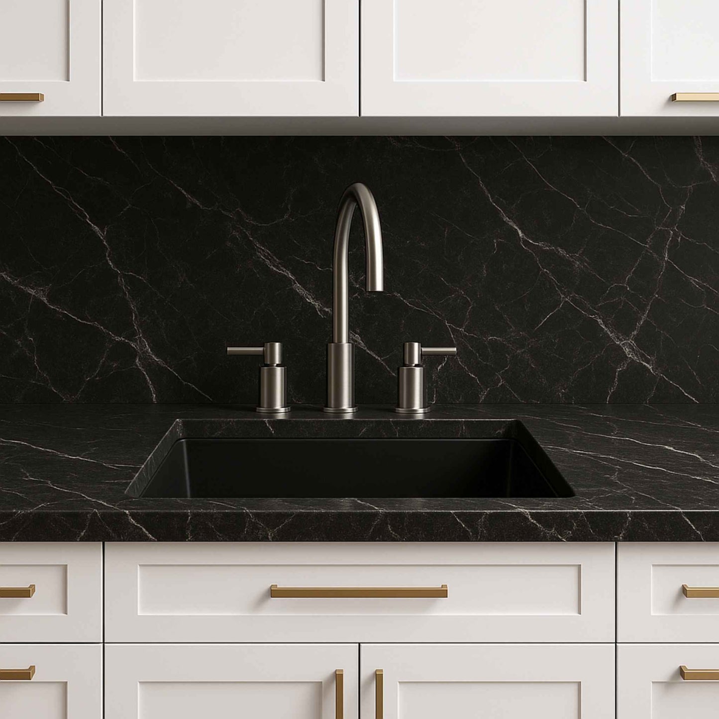 Full kitchen interior with matte black granite sink and dark Satvario marble