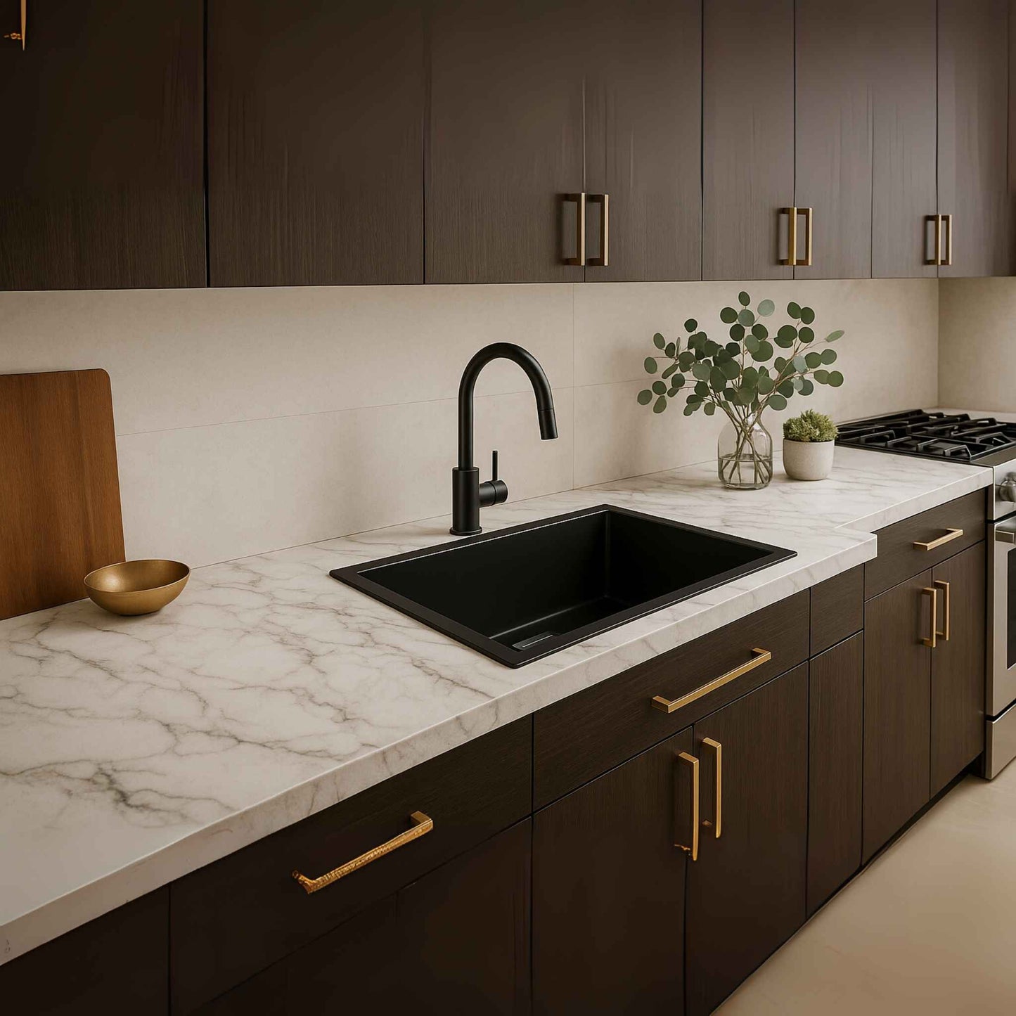 Full modern kitchen with matte black sink, white marble counter, and premium dark wood cabinets