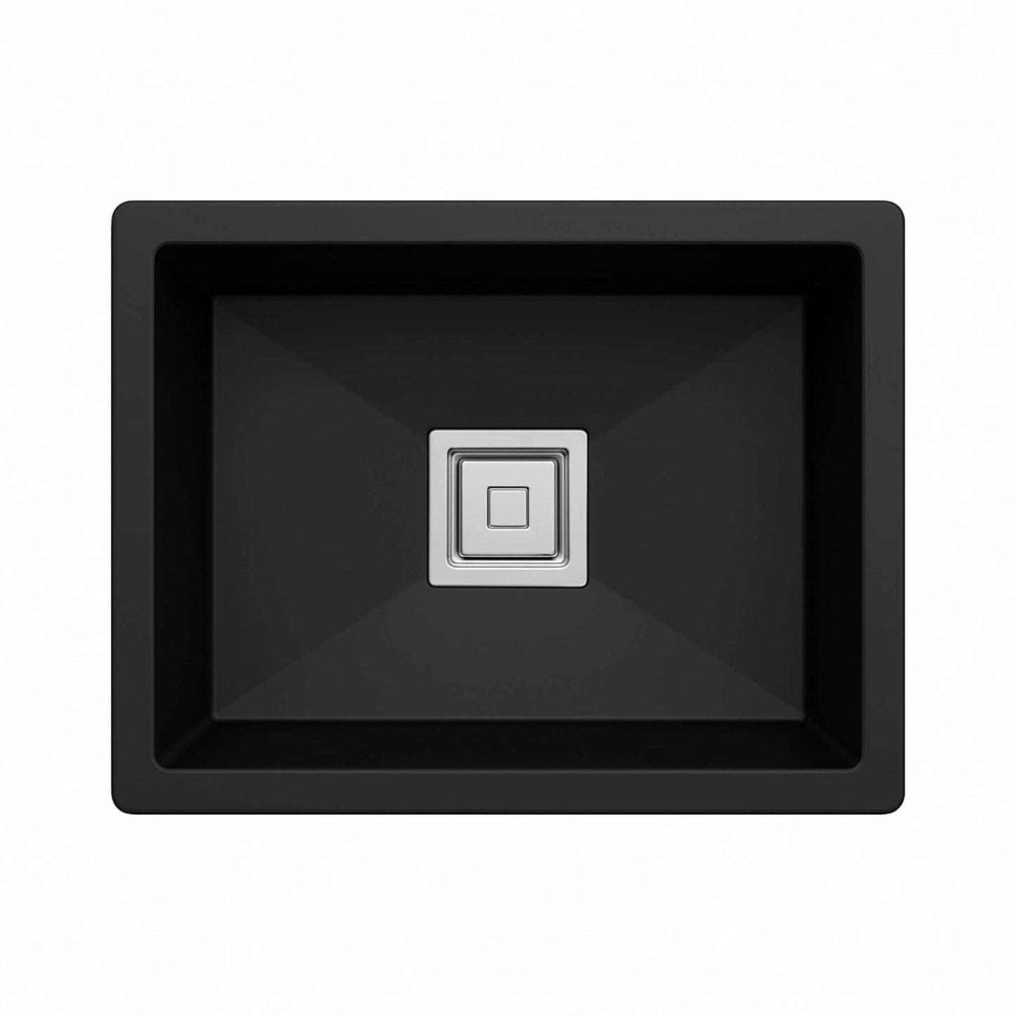 Top angle of matte black kitchen sink with square stainless steel drain