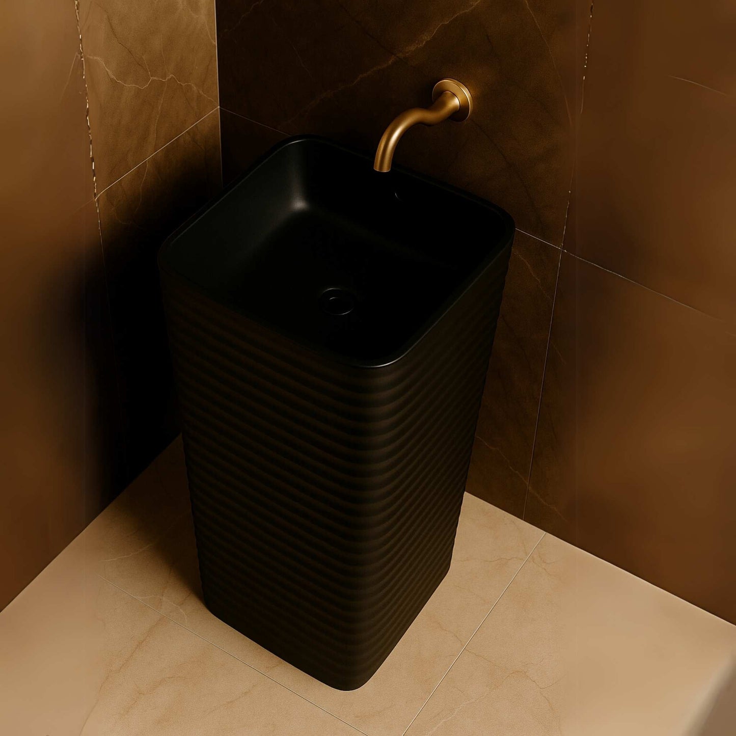 Top angle of square matte black basin with soft wave texture