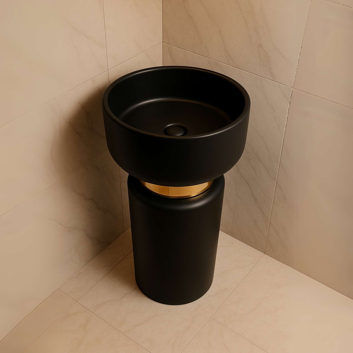 Top-down view of round matte black washbasin with flat rim and deep bowl