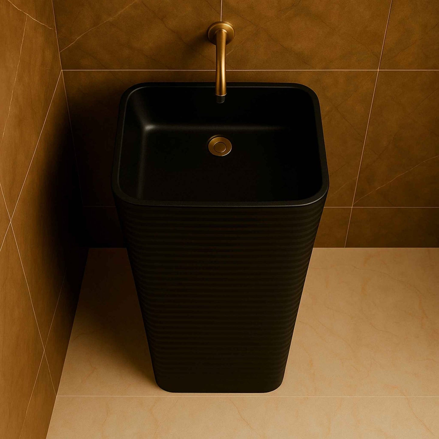 Top angle of a matte black pedestal washbasin with rounded edges and gold faucet, set in a marble-finished luxury bathroom corner.
