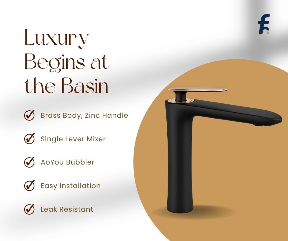Black faucet on a beige background with features listed and a brand logo.