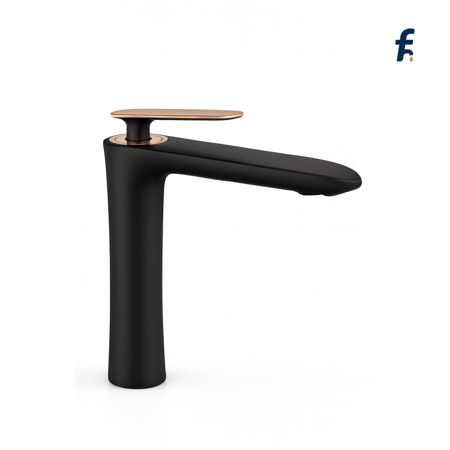 Black faucet with gold accents on a white background