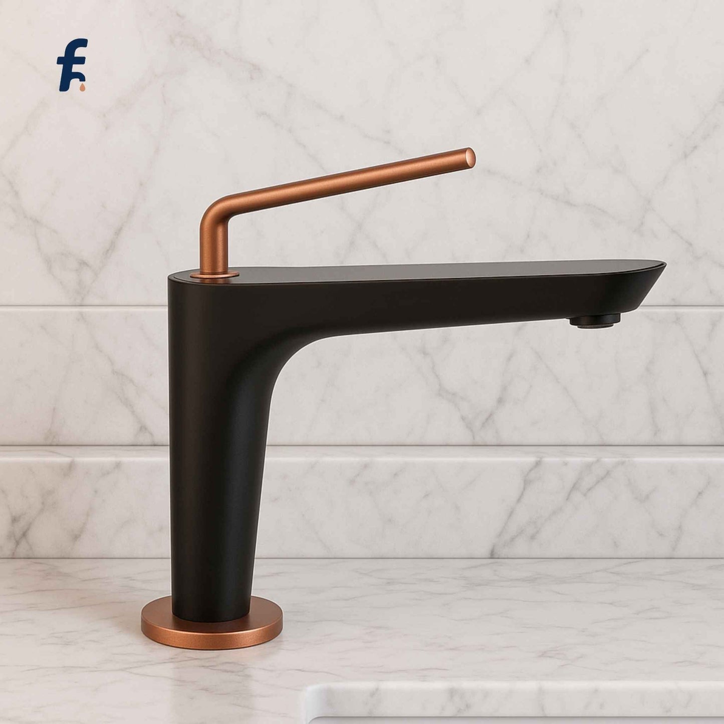 Black and copper faucet on a marble background, Luxury matte black and rose gold bathroom faucet front view
