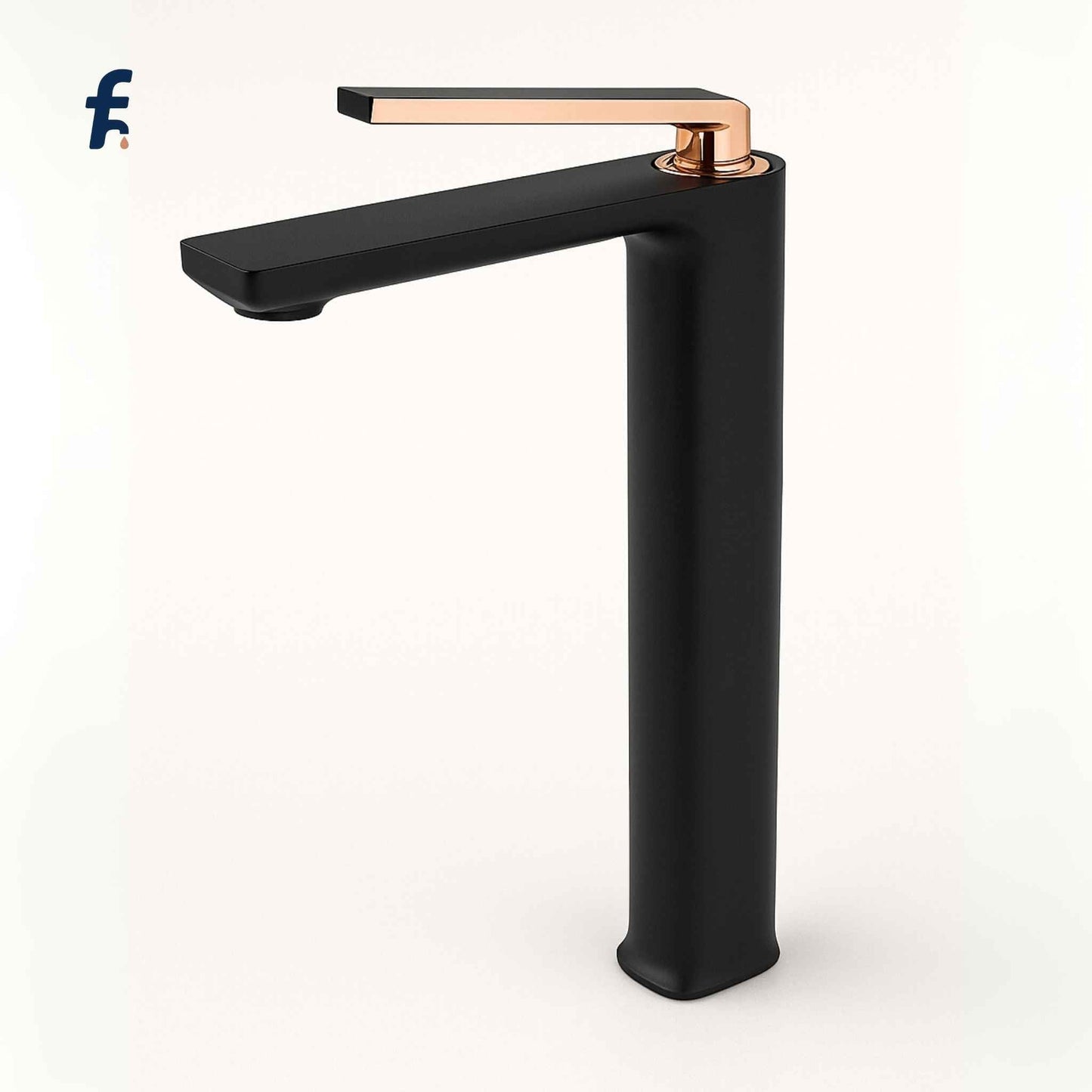 Black faucet with rose gold handle on a white background, Front angle view of luxury matte black & rose gold faucet