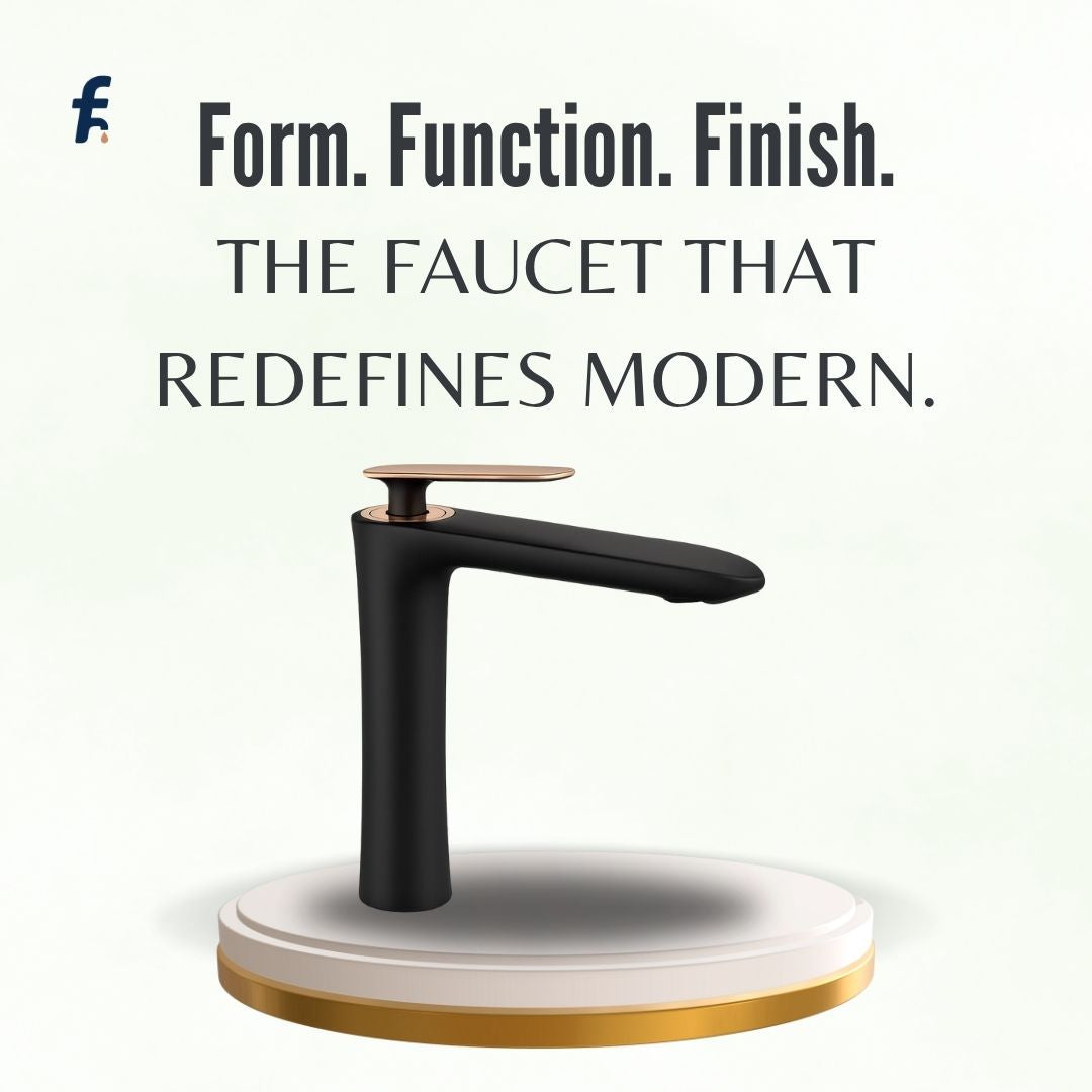 Modern faucet with black handle on a white background, featuring text about form, function, and finish.