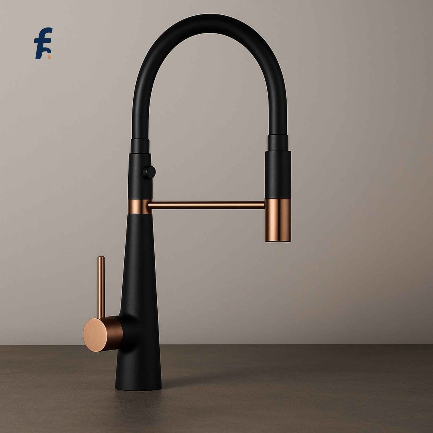 Front profile of designer matte black kitchen faucet with rose gold handle and 2-way outlet