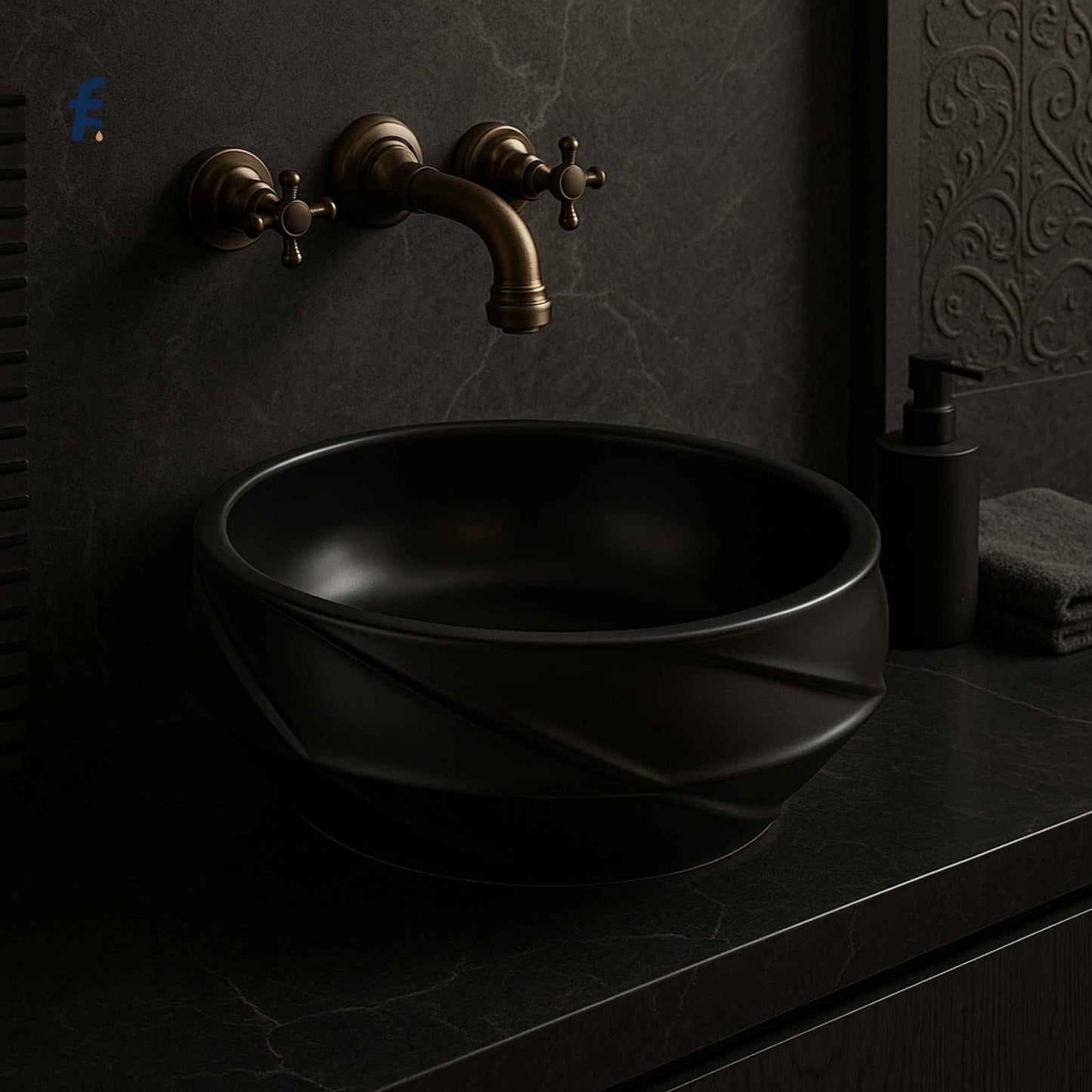 Black sink with bronze faucet in a darkly lit bathroom setting