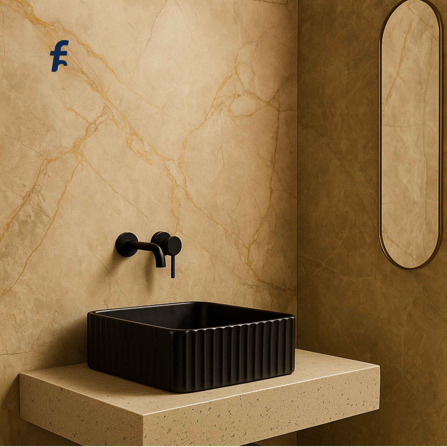 Full luxury bathroom featuring matte black countertop square basin