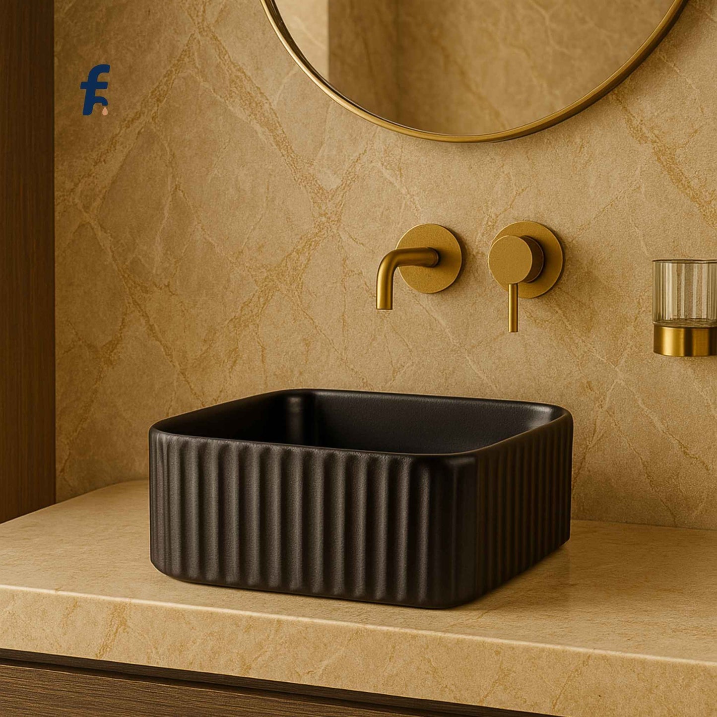 Matte black square wash basin front angle view in a luxury bathroom
