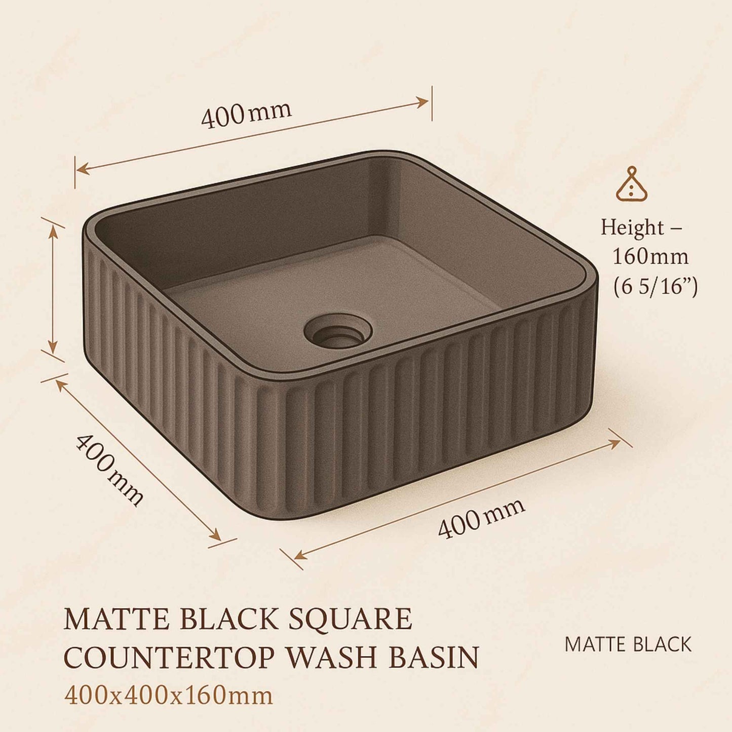 Matte black square countertop wash basin with dimensions on a beige background