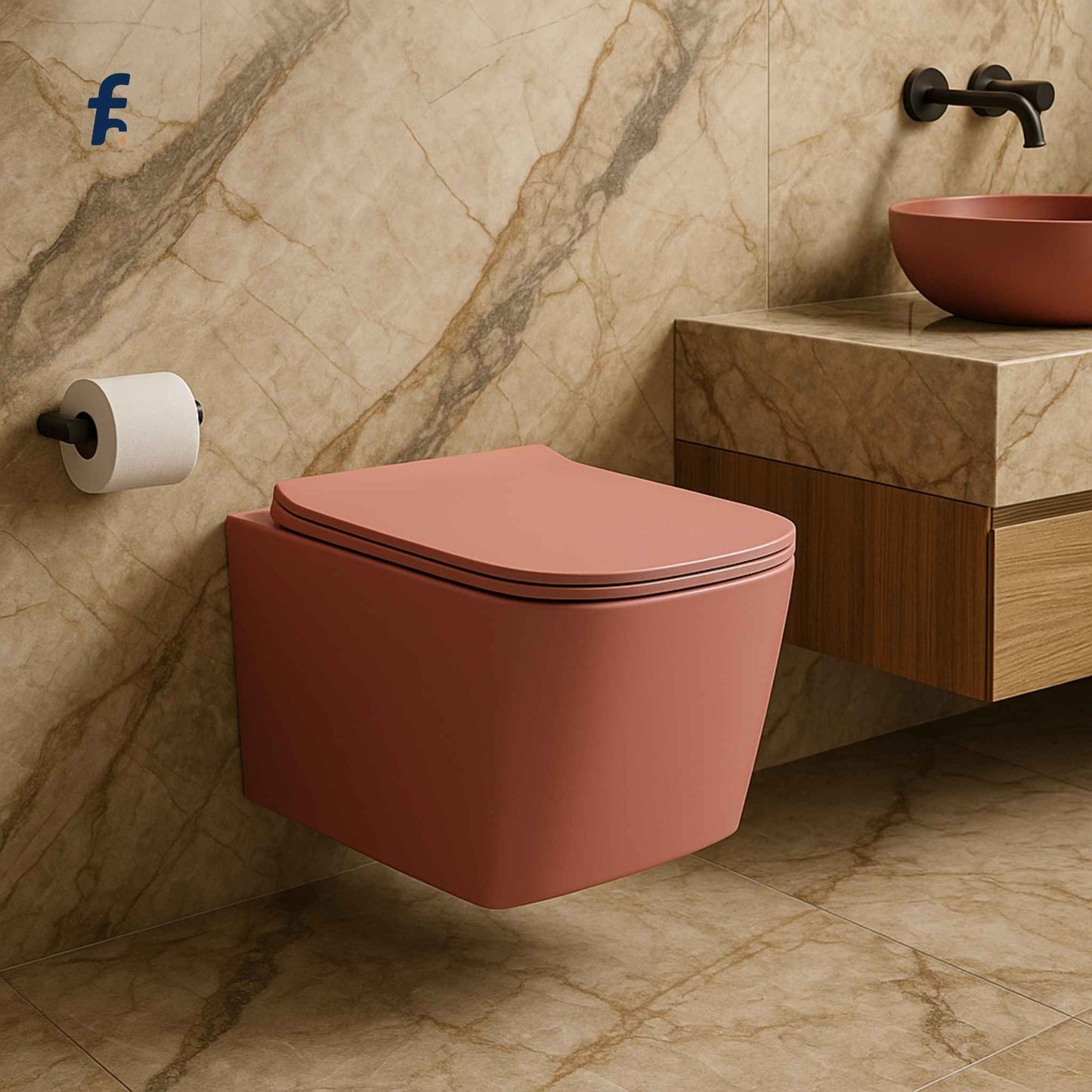 Pink wall-mounted toilet in a bathroom with marble walls and a sink.