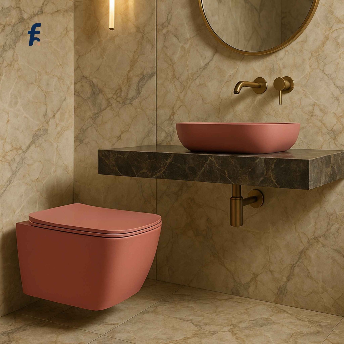 Bathroom with pink toilet and sink against a marble wall.