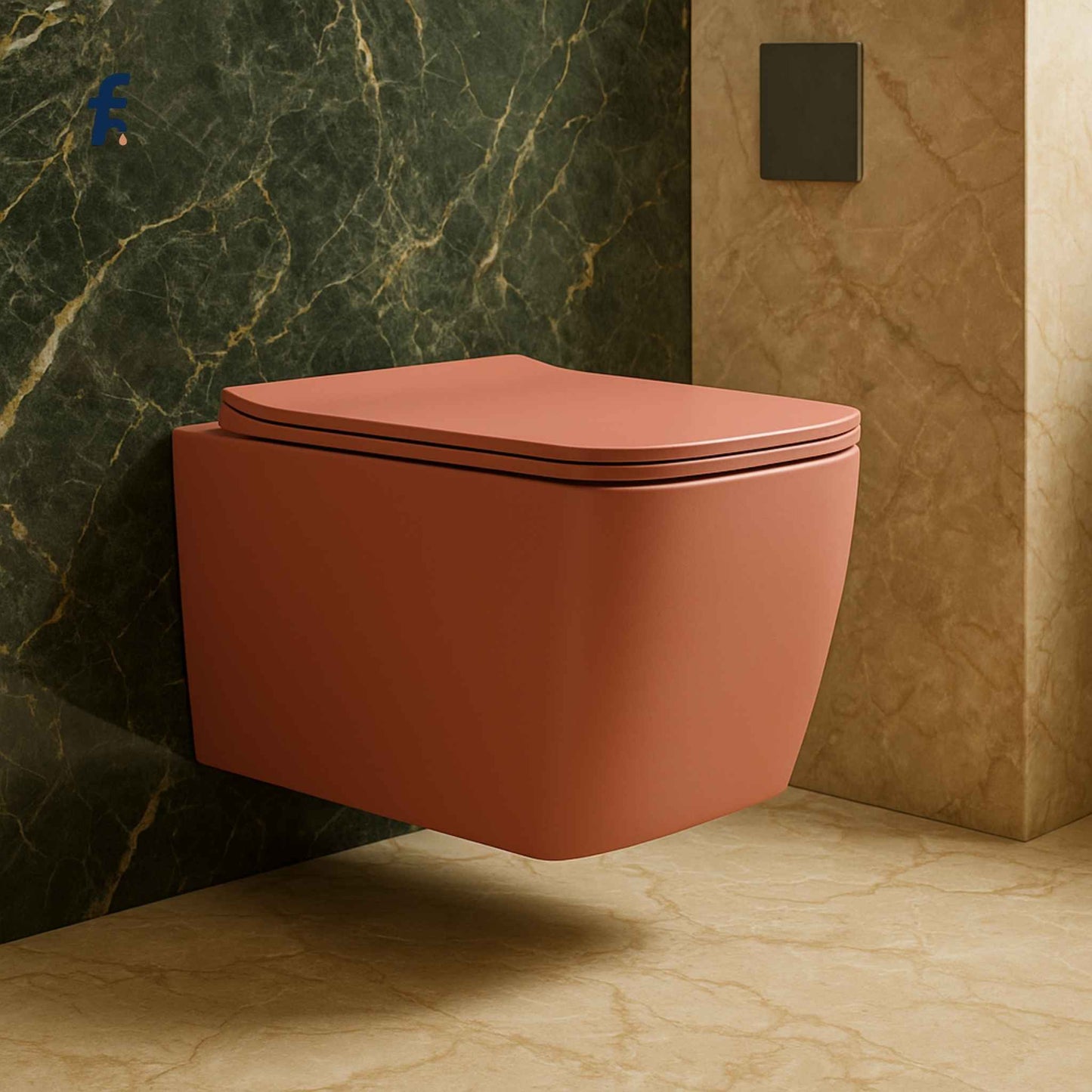 Pink wall-mounted toilet in a bathroom with marble walls.