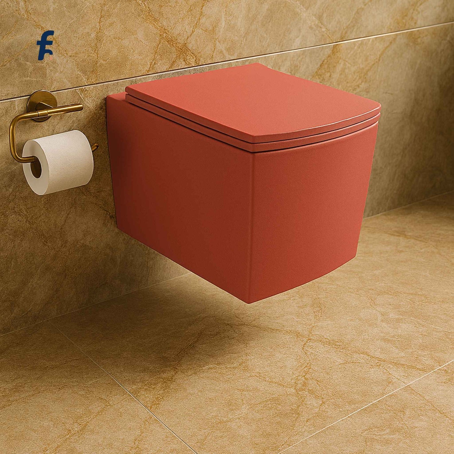 Red wall-mounted toilet with gold bracket and toilet paper holder on beige tiled wall.