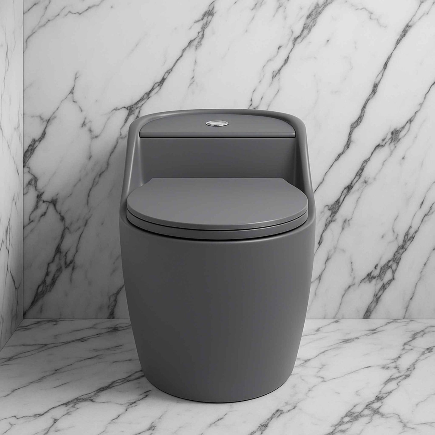 Front view of matte grey one-piece toilet with built-in flush tank