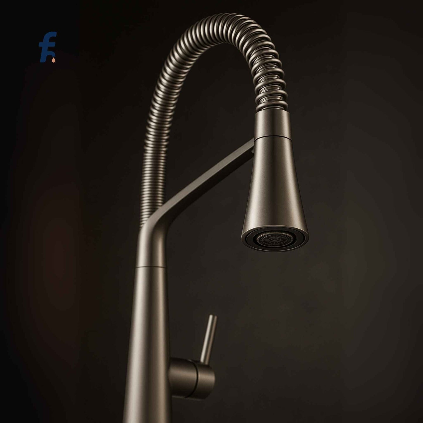 Stainless steel kitchen faucet with pull-down spray head on a dark background