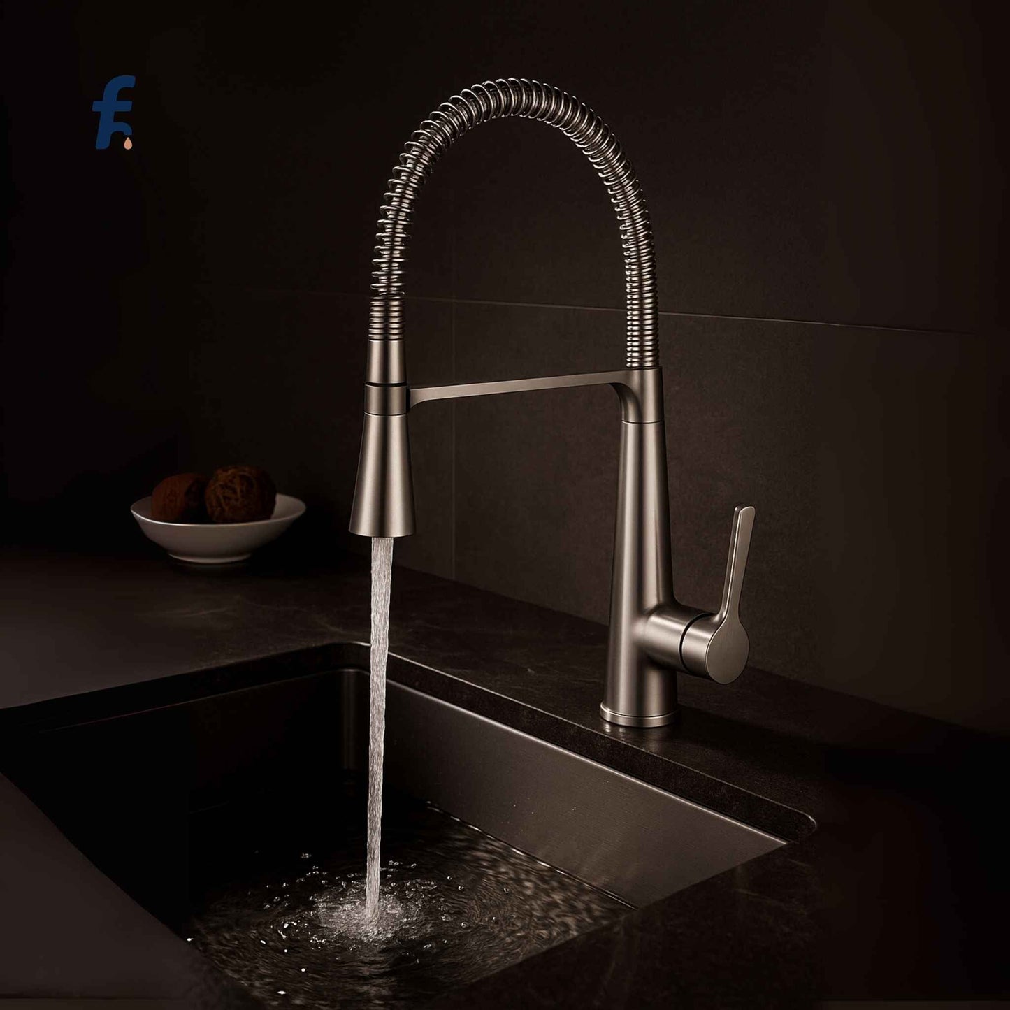 Side angle close-up of pull-down kitchen faucet in matte steel finish