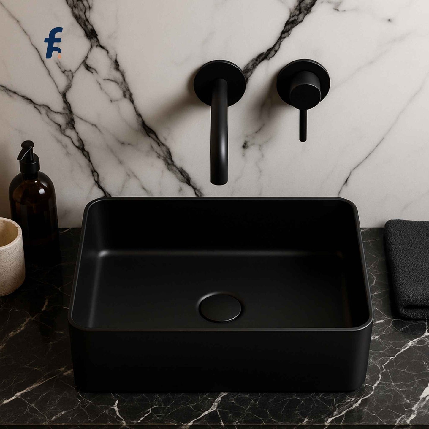 Melamine black basin on white and black Italian marble surface